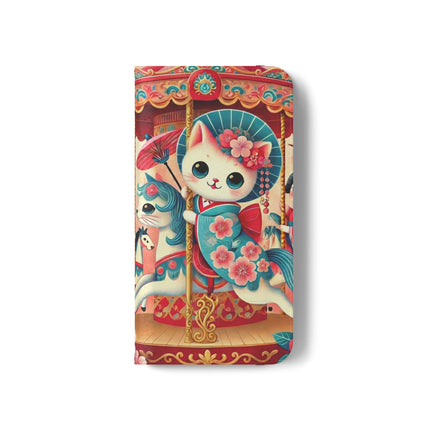 🎠🌸 Geisha Kitten's Enchanted Carousel Flip Case – Whimsical Dreams & Cherry Blossom Magic