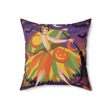 🎃🧙 The Witch Of Jack-O'-Lantern Hollow Square Pillow – Whimsical Halloween Charm