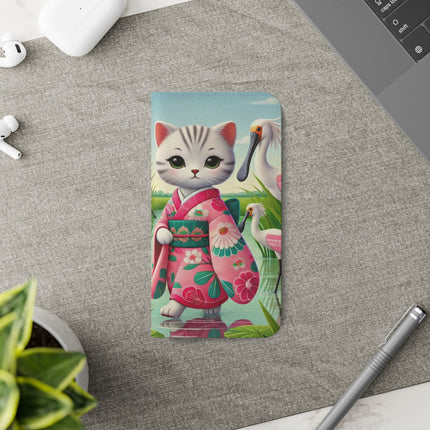 🦩🌸 Geisha Kitten Strolls Among the Spoonbills Flip Case – Serene Grace & Marshland Wonder