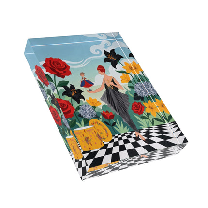 🌹🎭 The Lady And The Little Dancing Doll Acrylic Art Block – Art Deco Floral Whimsy
