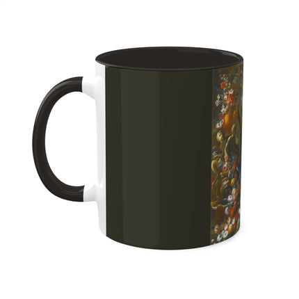 Still Life With Birds Beside An Ornate Fountain by Nicola Casissa Colorful Mugs, 11oz