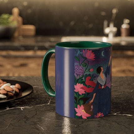 The Lady And The Morning Song Colorful Mugs – Art Deco Botanical Elegance