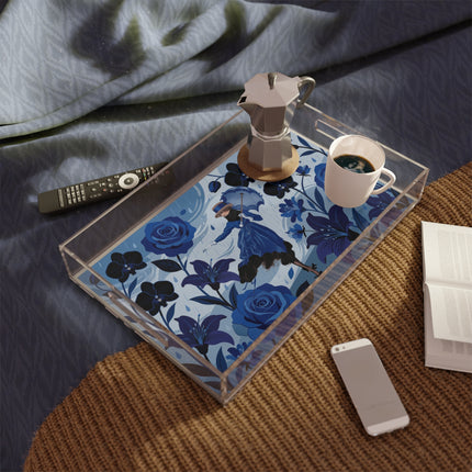 ☔💙 The Blue Rain Promenade Acrylic Serving Tray – Art Deco Floral Fashion