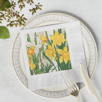 Daffodils by Tanigami Kônan White Coined Napkins – Spring Blooms & Japanese Woodblock Elegance