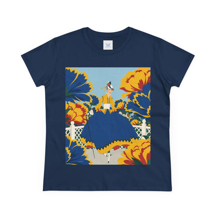 💙🌼 The Golden Petal Promenade Cotton Tee – Art Deco Floral Elegance