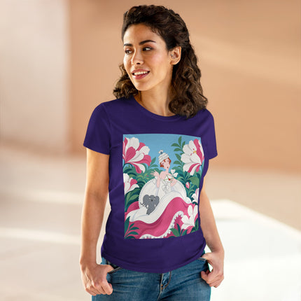 🌸🐘 The Pink Blossom Companion Cotton Tee – Art Deco Floral Whimsy