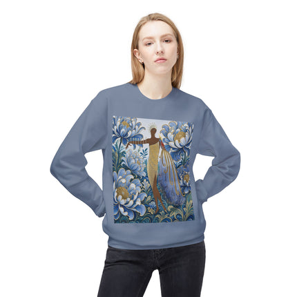💙✨ The Lady Of The Gilded Blue Blossom Garden Midweight Crewneck Sweatshirt – Art Deco Floral Elegance