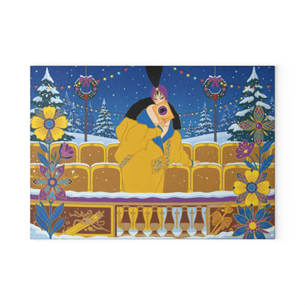 🎭❄️ The Lady Of The Snowbound Theatre Glass Cutting Board – Art Deco Holiday Elegance