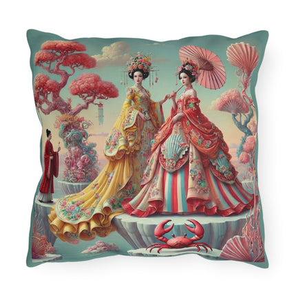 Cherry Blossom Courtesans & Crimson Crab Outdoor Pillows – Imperial Elegance & Playful Charm