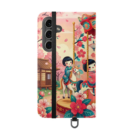 🎠🌸 Geisha Kitten's Enchanted Carousel Flip Case – Whimsical Dreams & Cherry Blossom Magic