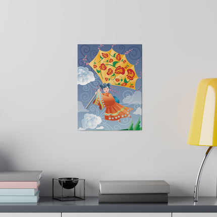 Flight of Blossoms – Whimsical Girl with Kite