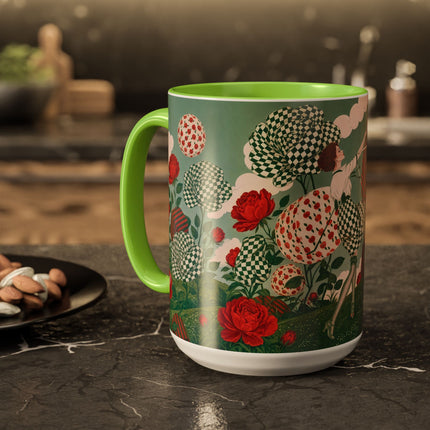 🌹💚 The Scarlet Rose Checkerboard Garden Colorful Mug – Art Deco Floral Whimsy