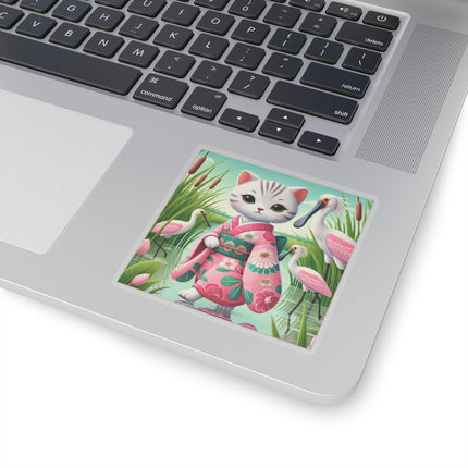 Geisha Kitten Strolls Among the Spoonbills Kiss-Cut Stickers (4 Sizes)
