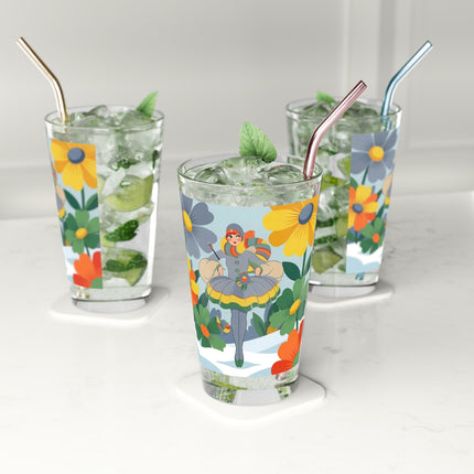 ❄️🌼 The Winter Flower Wanderer Pint Glass – Colorful Art Deco Snow Fantasy