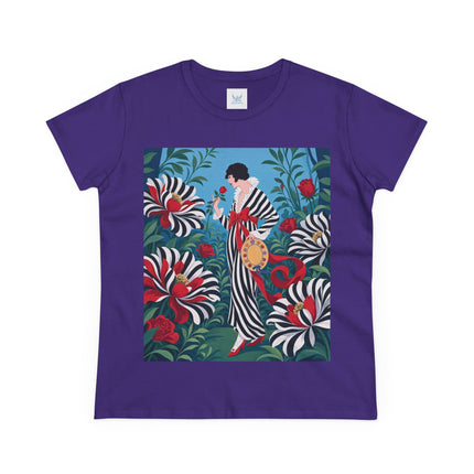 ❤️🌹 The Scarlet Striped Garden Cotton Tee – Art Deco Fashion Illustration