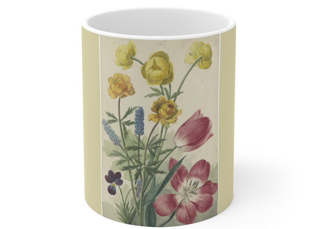 Bouquet of Tulips, Violets, Grape Hyacinths, and Marsh Marigolds by Willem van Leen Ceramic Mug 11oz