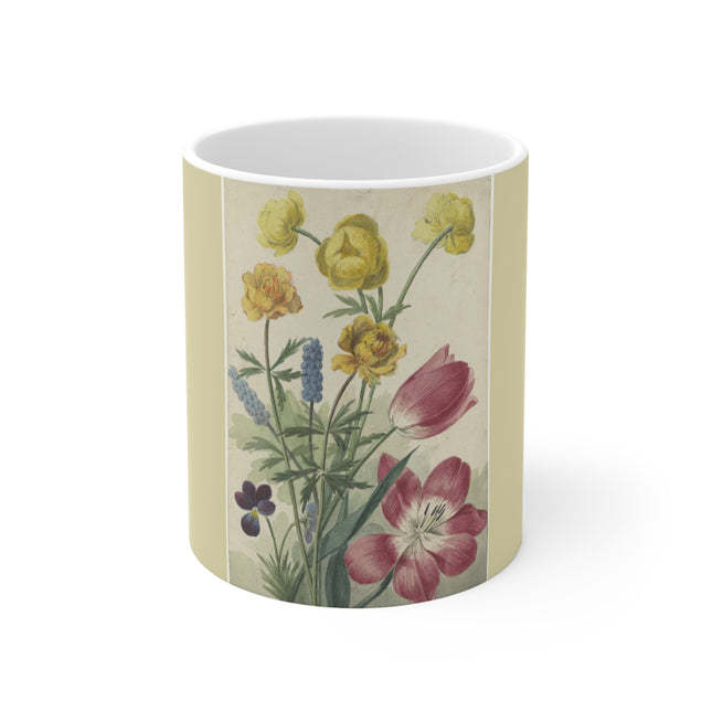 Bouquet of Tulips, Violets, Grape Hyacinths, and Marsh Marigolds by Willem van Leen Ceramic Mug 11oz
