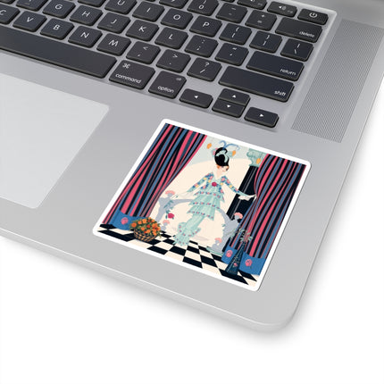 🌹🎭 The Lady Between The Curtains Kiss-Cut Stickers – Art Deco Floral Theatre