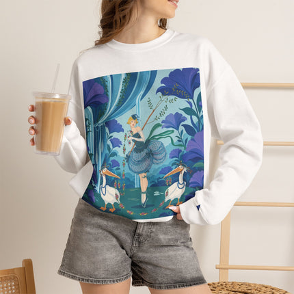 🪶🌺 The Pelican Garden Dance Crewneck Sweatshirt – Art Deco Botanical Whimsy
