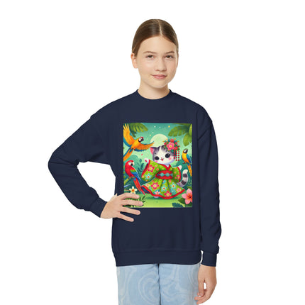 Parrot Dance of the Geisha Kitten Youth Crewneck Sweatshirt – Color, Rhythm & Joyful Expression