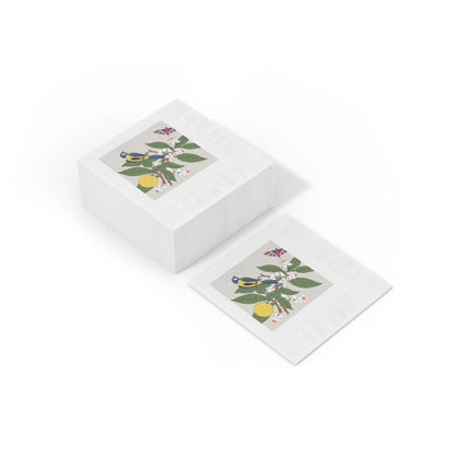 Blue Tit & Butterfly White Coined Napkins – Spring Harmony & Delicate Beauty
