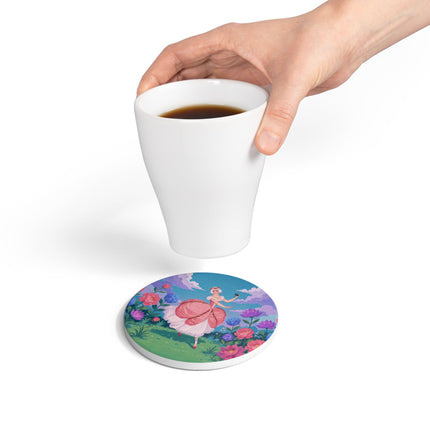 🎭🌸 The Lady Of The Secret Masquerade Ceramic Coaster – Art Deco Garden Fantasy
