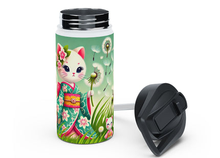 Geisha Kitten and the Dandelion Wish Stainless Steel Water Bottle, Standard Lid