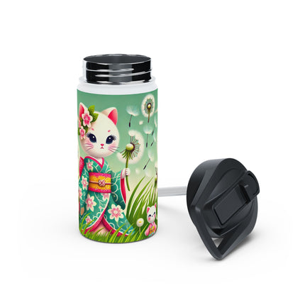 Geisha Kitten and the Dandelion Wish Stainless Steel Water Bottle, Standard Lid