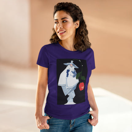 Blue & White Porcelain Geisha Women's Midweight Cotton Tee – Refined Elegance & Timeless Charm
