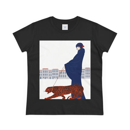 🐆🖤 The Lady With The Leopard Cotton Tee – Art Deco Fashion Illustration