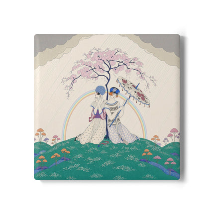 🌈☂️ Beneath The Rainbow Tree Ceramic Coaster – Art Deco Spring Fantasy