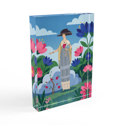 🌹🌤️ The Lady Of The Rose Garden Promenade Acrylic Art Block – Art Deco Fashion Illustration