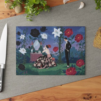 🌹🪞 The Lady Of The Midnight Garden Vanity Glass Cutting Board – Art Deco Floral Romance