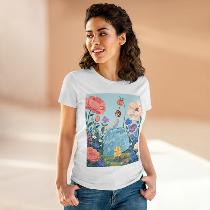 🌸🩵 The Blue Ruffle Garden Cotton Tee – Art Deco Floral Whimsy