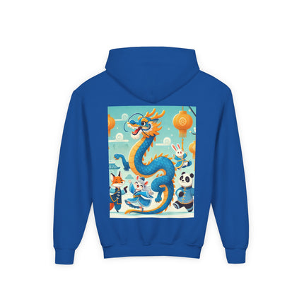 Blue & Gold Dragon Festival Parade Youth Hooded Sweatshirt – Joyful Celebration & Cultural Magic