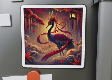 Regal Crimson Crane in the Autumn Mist Die-Cut Magnets (5 Sizes)