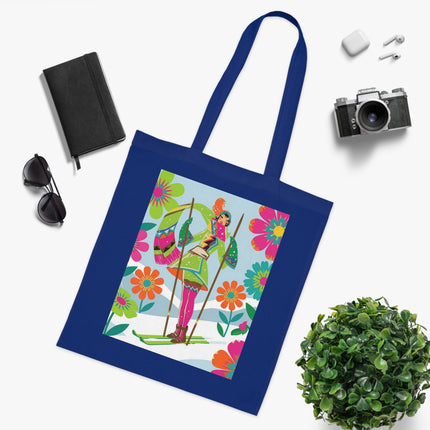 🎿🌸 The Winter Flower Adventurer Cotton Tote Bag – Colorful Skiing Fantasy