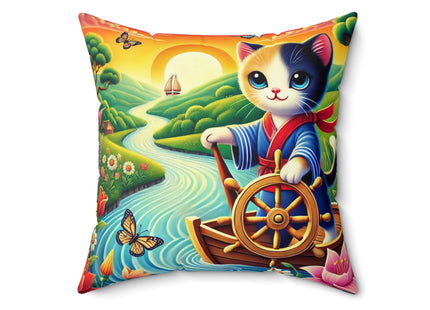 Sailor Kitten’s River Adventure Spun Polyester Square Pillow