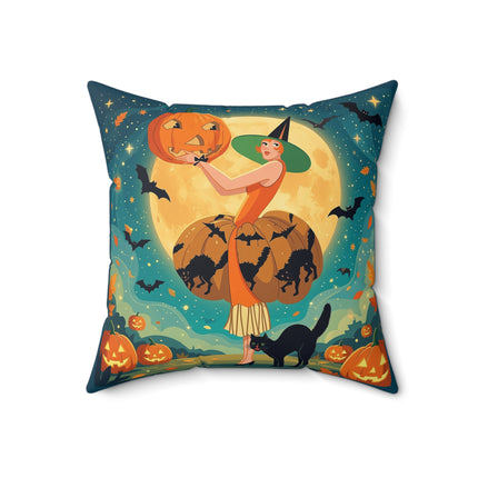 🦇🎃 The Witch Of Batwing Pumpkin Hollow Square Pillow – Moonlit Halloween Char