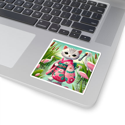 Geisha Kitten Strolls Among the Spoonbills Kiss-Cut Stickers (4 Sizes)