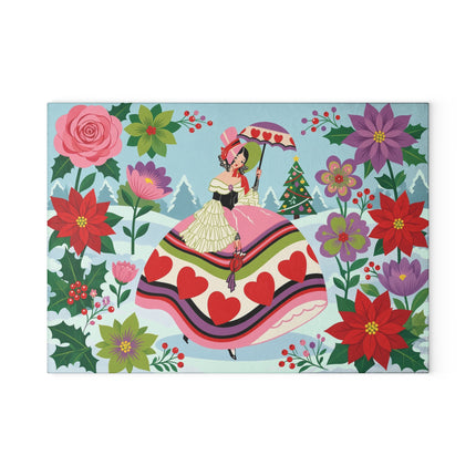 ❤️🌺 The Lady Of The Christmas Heart Garden Glass Cutting Board – Art Deco Holiday Romance