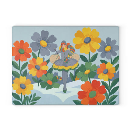 🌼❄️ The Lady Of The Winter Flower Garden Glass Cutting Board – Art Deco Holiday Fantasy