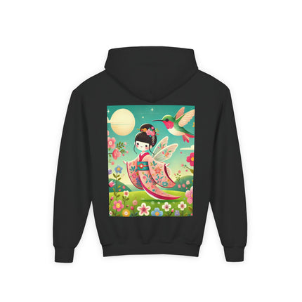 Geisha Fairy and the Hummingbird Blossom Youth Hooded Sweatshirt – Cozy Magic in Bloom