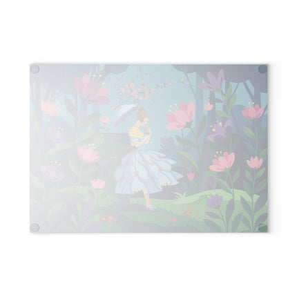 🌸🐇 The Lady Of The Secret Flower Wood Glass Cutting Board – Art Deco Enchanted Garden Fantasy