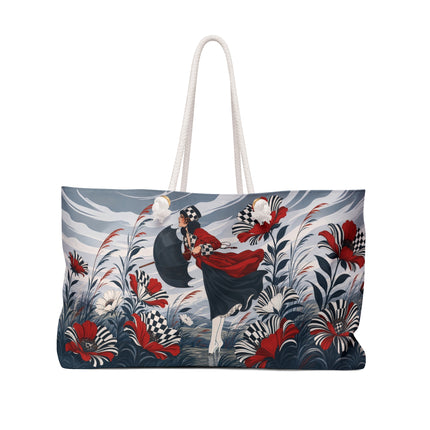 ☔🌹 The Scarlet Checkerboard Rainstorm Weekender Bag – Art Deco Floral Elegance