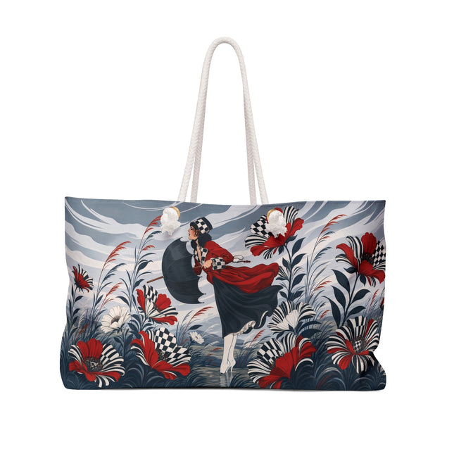 ☔🌹 The Scarlet Checkerboard Rainstorm Weekender Bag – Art Deco Floral Elegance