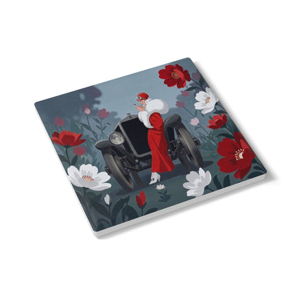 🚗🌺 The Lady Of The Grand Touring Car Ceramic Coaster – Art Deco Motoring Elegance