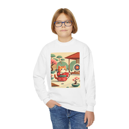 Archer Kitten in the Zen Garden Youth Crewneck Sweatshirt – Focus, Calm & Playful Precision