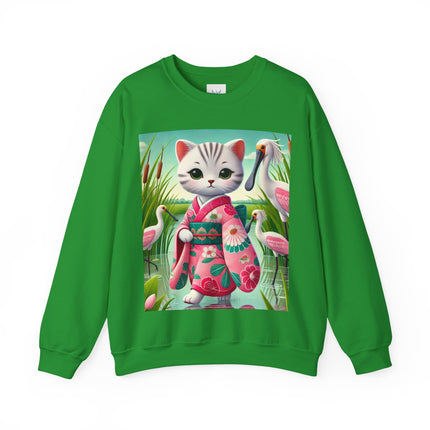 Geisha Kitten Strolls Among the Spoonbills  Unisex Heavy Blend™ Crewneck Sweatshirt