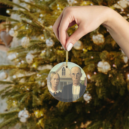 American Gothic by Grant Wood Glass Ornament